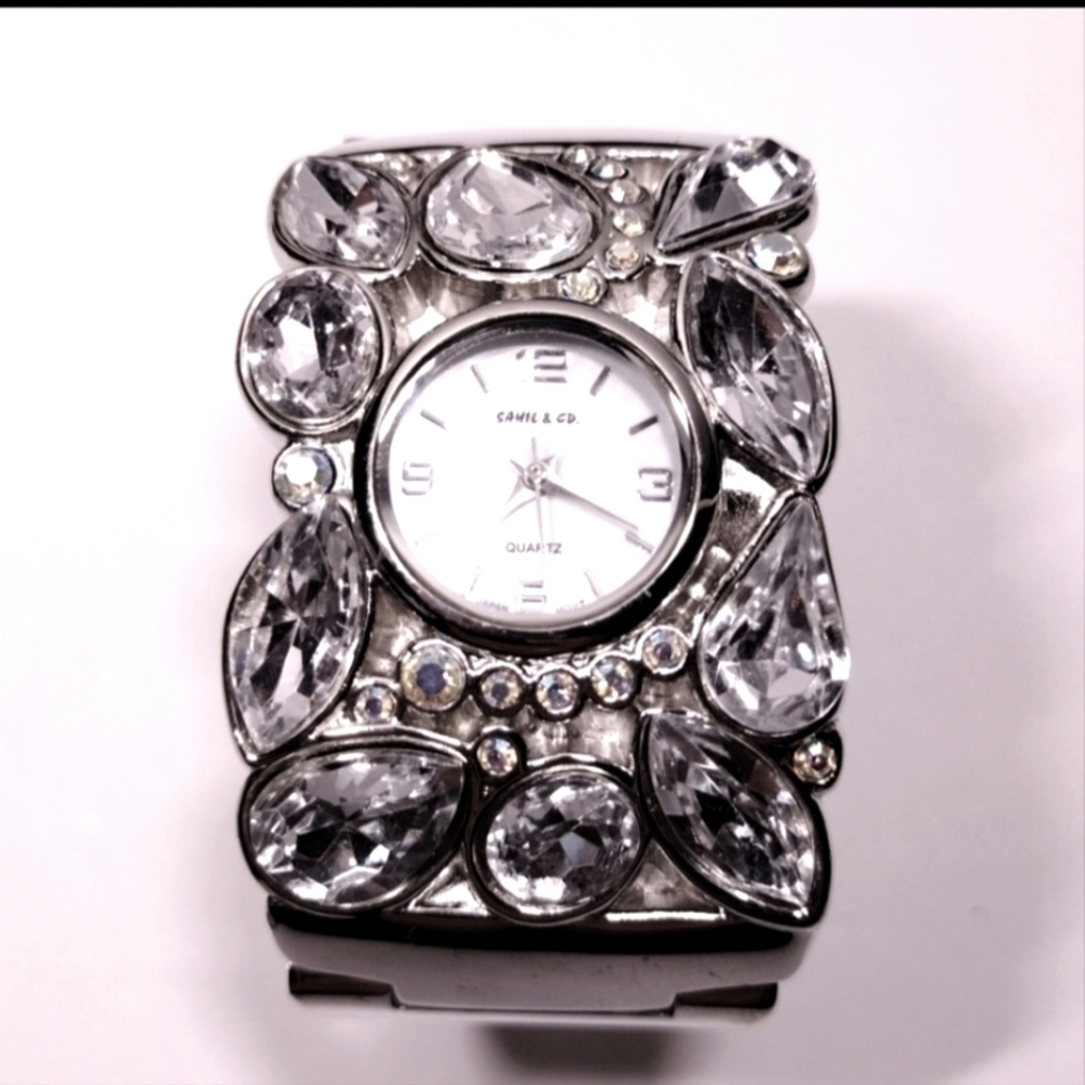 Sahil Rhinestone Quartz Cuff Watch Silver Tone NWOT